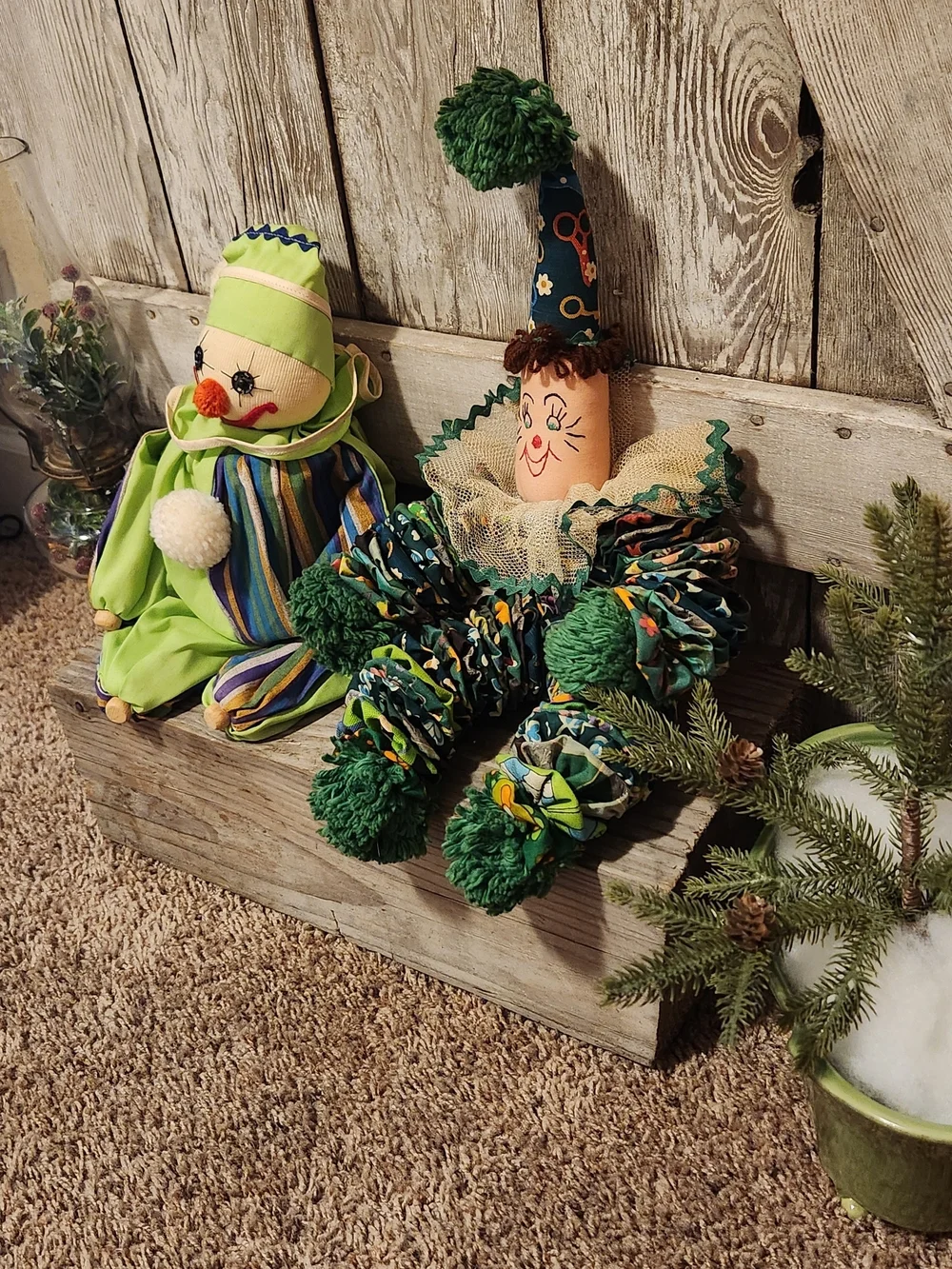 Antique Green and Multicolor Fabric Clown Pair - Decorative Home Accent